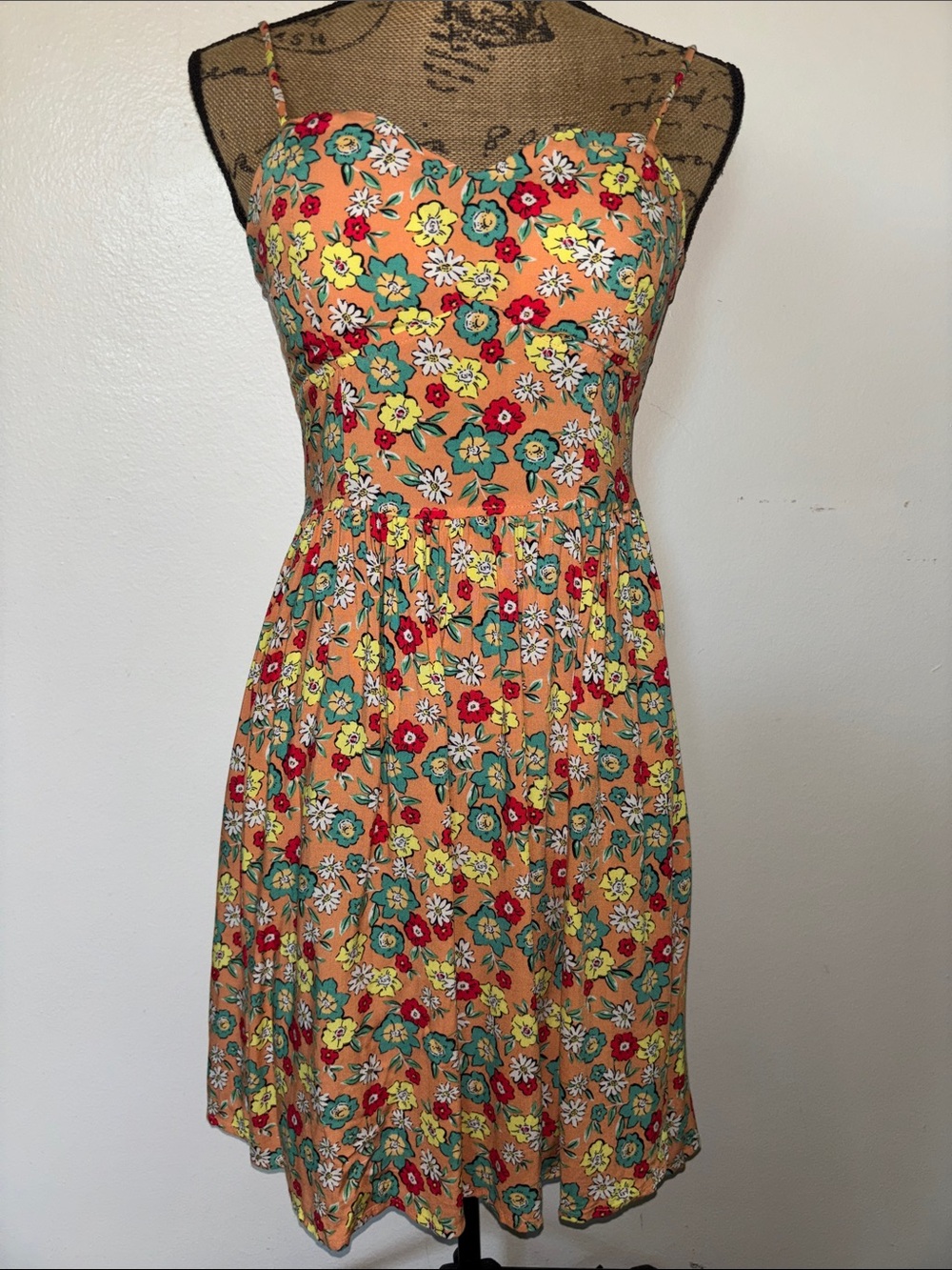 love J Peach Floral Mini Dress with Red, Yellow & Green Accents